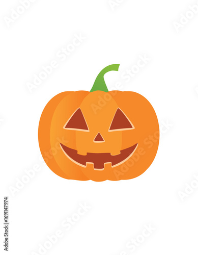 Orange pumpkin with carved face and green stem jack o lantern halloween