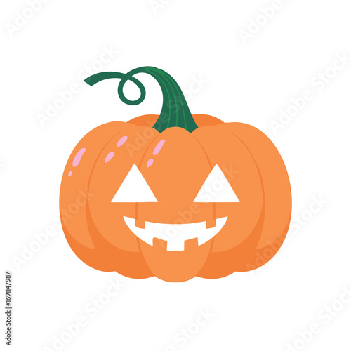 Orange pumpkin with carved face and green stem jackolantern halloween