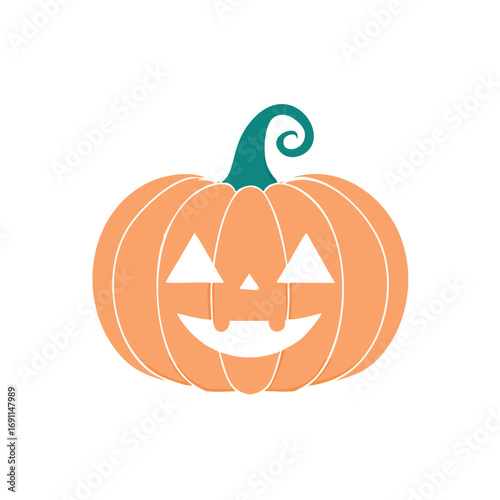 Orange pumpkin with carved face and teal stem halloween jack o lantern