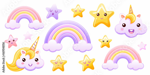 Cute kawaii unicorns rainbows and stars collection for childrens designs