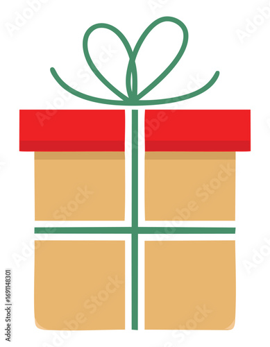 Red topped tan gift box with green ribbon present