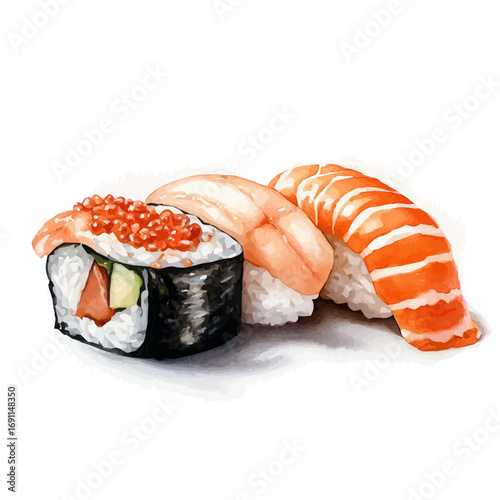Sushi, watercolor illustration vector, isolated on a white background.