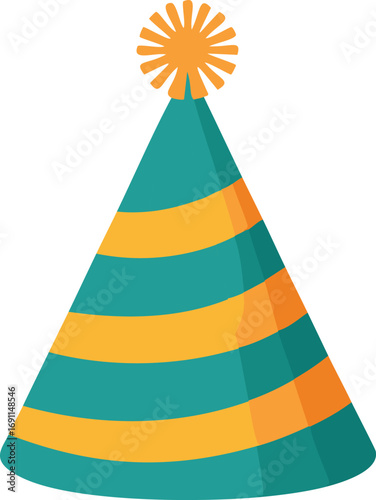 Teal and orange striped party hat with pom birthday celebration