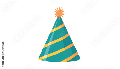 Teal party hat with orange stripes and starburst topper birthday celebration