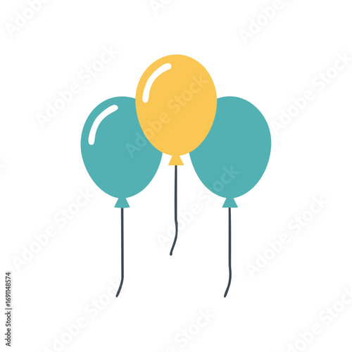 Three floating balloons yellow and teal celebration