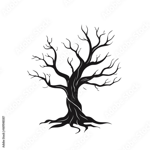 Twisted bare tree silhouette with exposed roots black white