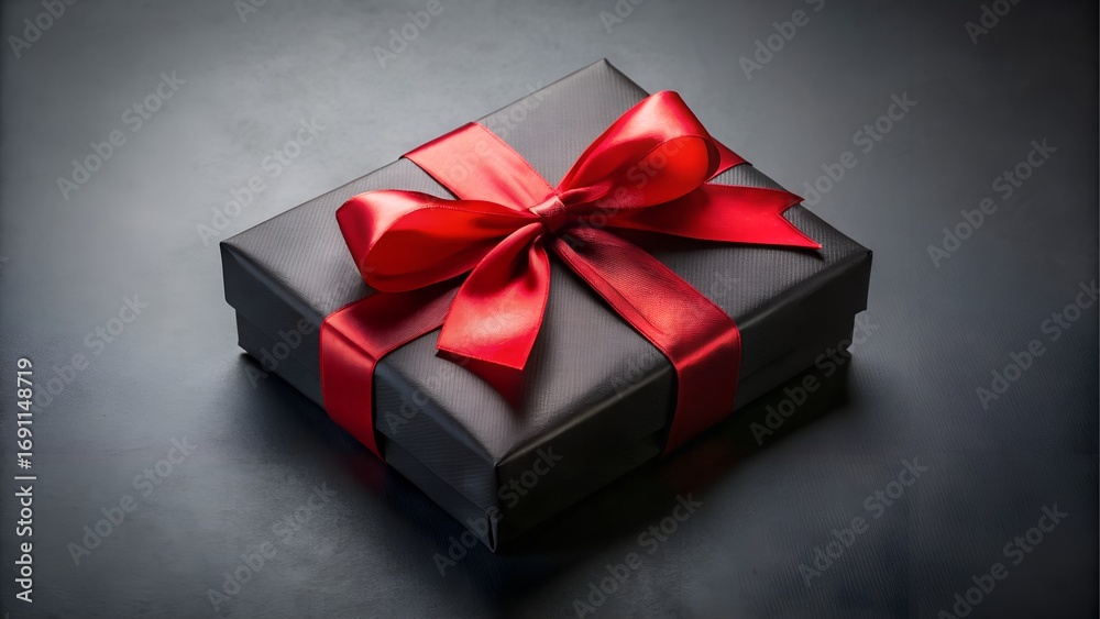 Obraz premium Black gift box with red ribbon and bow