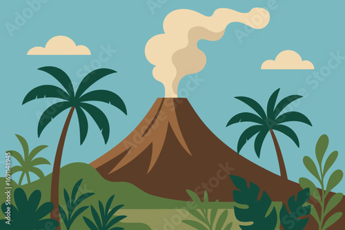 A cartoon illustration of a smoking volcano in a tropical jungle landscape with palm trees under a blue sky.