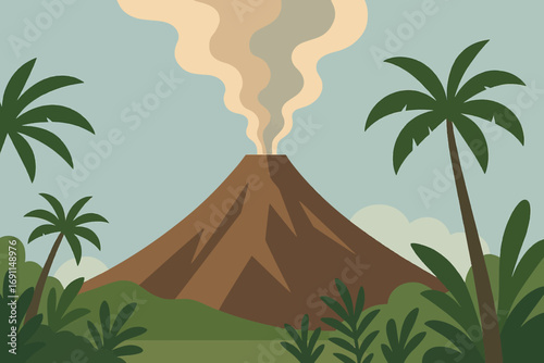 A stylized illustration of a volcano erupting with smoke billowing into the sky, surrounded by lush green jungle foliage and palm trees.
