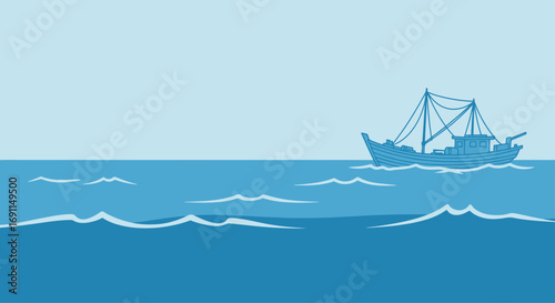 A single ship sailing on a calm blue sea.