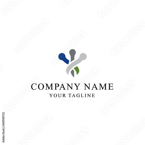 Abstract logo design featuring interconnected shapes in various shades of gray, blue, and green, suitable for a company or organization.