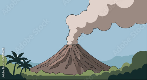 Illustration of a volcano erupting with smoke and surrounding greenery.