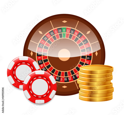 Online casino composition. Roulette, gold coins and chips. Vector 3d illustration