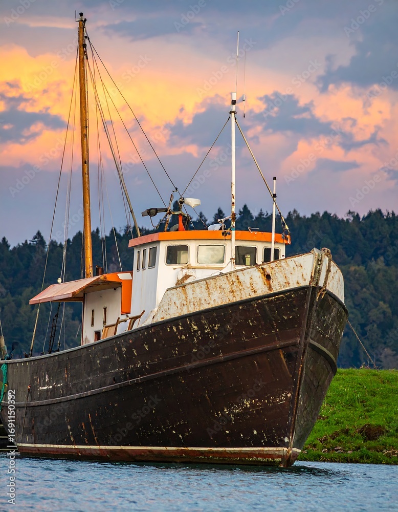 Naklejka premium Old fishing boat at sunset
