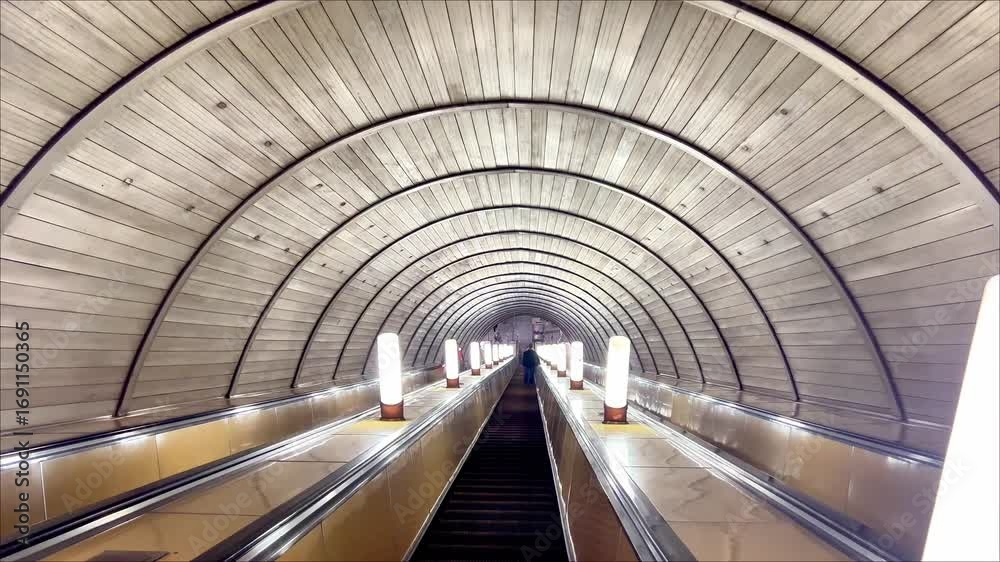 A long tunnel with three escalators. Russia. Moscow. 07.09.25