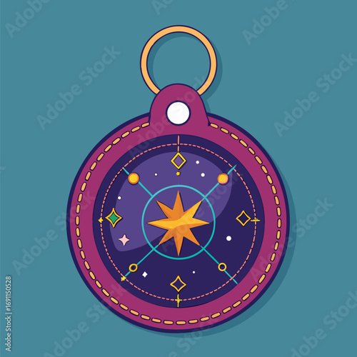 A stylized illustration of a decorative celestial compass featuring a radiant golden star and starry night sky background design