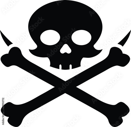 Skull and Crossbones Black Silhouette, Pirate Flag Silhouette - Classic Jolly Roger Skull with Crossed Bones Vector Art