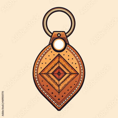 A visually appealing vector illustration showcasing a detailed and ornamental leather keychain with geometric designs and a key ring attachment.