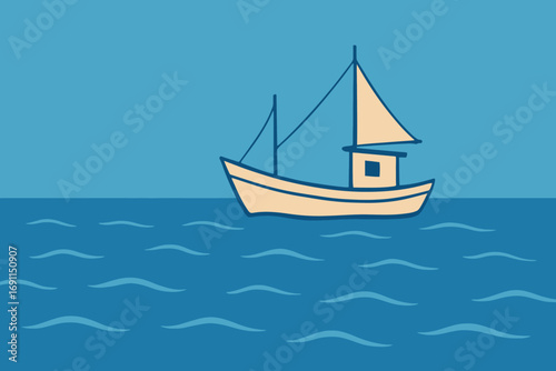 Illustration of a small sailboat with a beige hull sailing on a blue ocean.