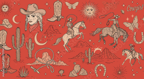 Vintage western pattern featuring cowboys, cowgirls, cacti, horses, and desert landscapes, perfect for rustic and americanathemed designs