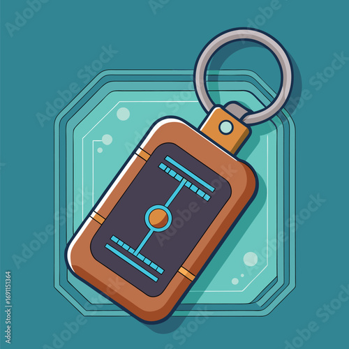 Futuristic tech keyring design with geometric details and a unique shape on a modern turquoise background