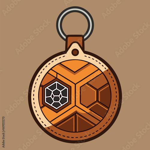 Geometric keychain design featuring honeycomb structure with ring and leather element on brown background