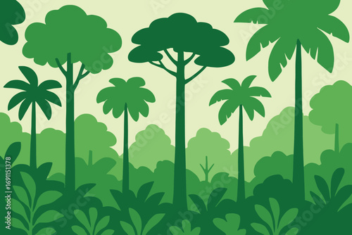 A vibrant illustration of a lush green jungle with various types of trees and dense foliage.