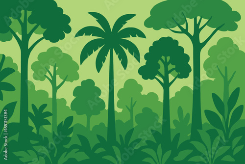 Stylized green jungle landscape illustration with layered silhouettes of tropical trees and dense foliage, depicting a lush natural environment.