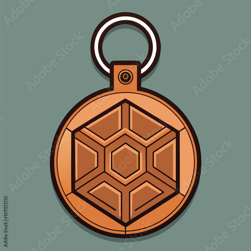 Ornate bronze pendant with geometric design featuring a hexagonal central element and a circular attachment ring against a muted green background