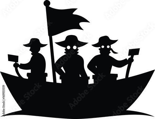Classic Ship Silhouette with Waving Flags - Nautical Vector Illustration. Sailing Ship Silhouette with Fluttering Flags - Maritime Vector Art