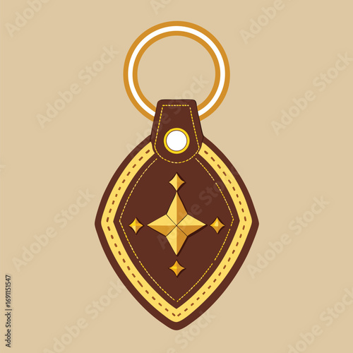 Stylish brown leather keychain with a geometric star design and gold accents suitable for branding and accessories