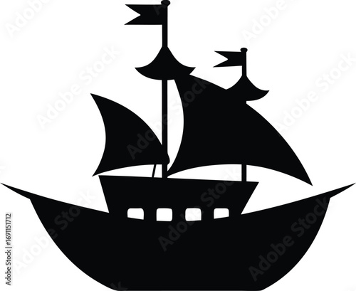 Classic Ship Silhouette with Waving Flags - Nautical Vector Illustration. Sailing Ship Silhouette with Fluttering Flags - Maritime Vector Art