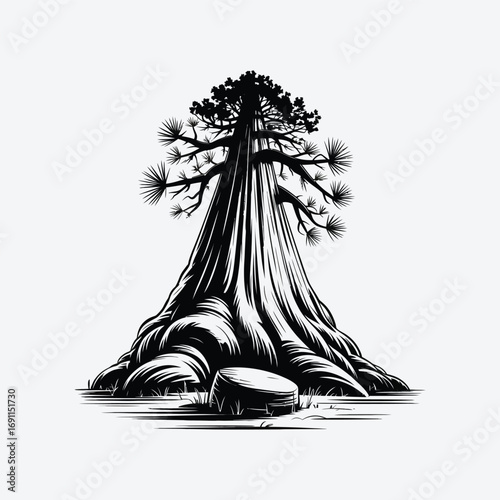 Vector art of silhouette of a giant sequoia tree, showcasing its massive trunk and unique branch structure