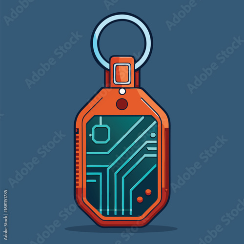 Stylized orange and teal circuit board keychain concept with keyring on a dark blue background.