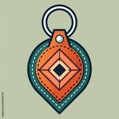 Stylized orange and green key fob design featuring a diamond-shaped central element and key ring perfect for decoration.