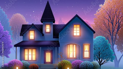 Enchanted Evening Scene with Whimsical House Surrounded by Colorful Trees and Starry Sky in a Magical Landscape