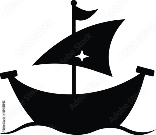Black silhouette of the pirate ship in night, Silhouette of a Pirate Ship with Fluttering Flags Vector Illustration