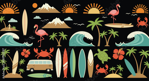 A vibrant tropical pattern featuring surfboards, palm trees, flamingos, waves, and sunsets against a black backdrop, evoking a summery beach vibe