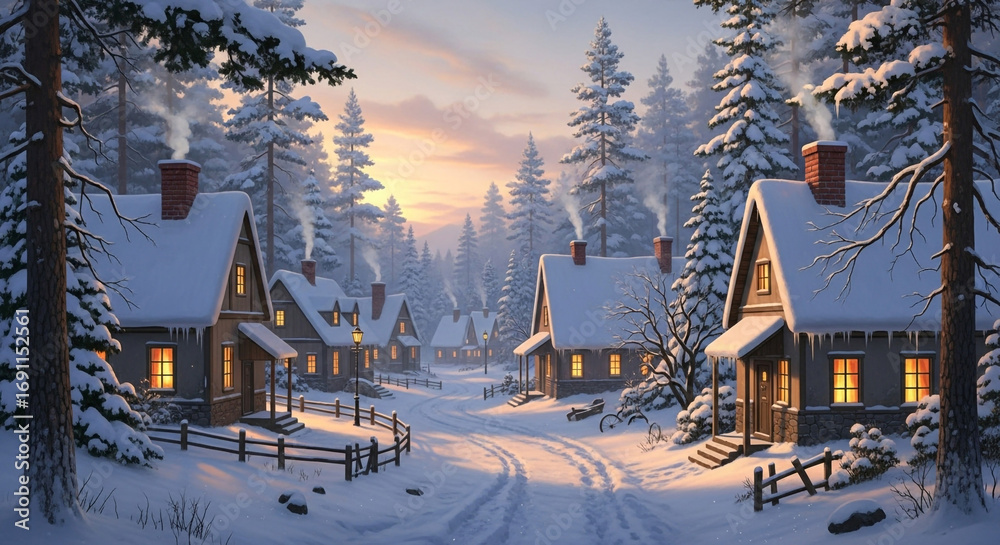 Fototapeta premium Cozy winter village scene with snow-covered homes and warm glowing windows at dusk
