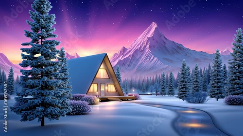 Cozy A-frame cabin lights up in serene winter landscape under colorful aurora borealis with snow-covered trees and majestic mountains in the background