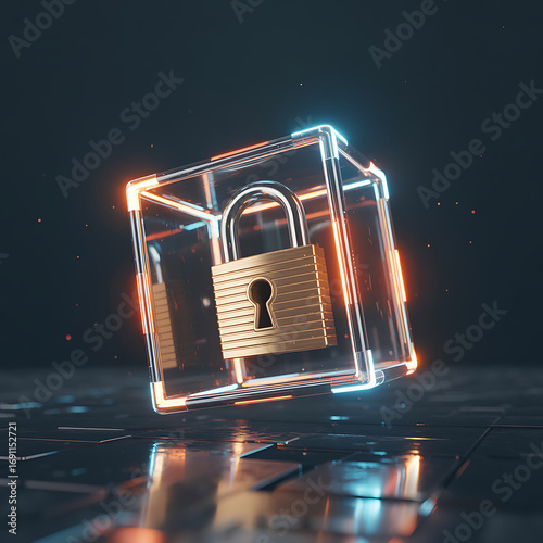 Futuristic digital security concept a transparent cube encasing a golden padlock with neon lights