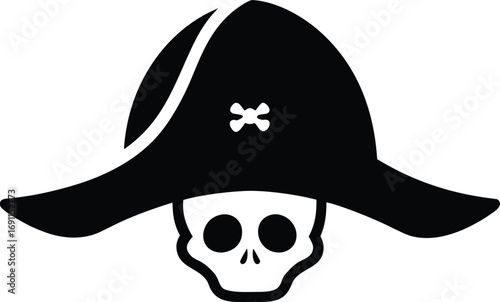 Pirate Skull with Crossed Swords and Hat Silhouette Vector Illustration. Pirate Symbol Vector: Skull and Crossed Swords with Pirate Hat Silhouette
