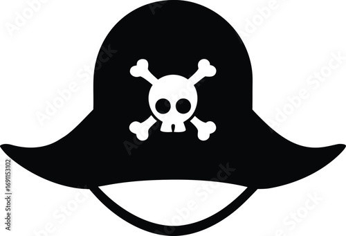 Pirate Skull with Crossed Swords and Hat Silhouette Vector Illustration. Pirate Symbol Vector: Skull and Crossed Swords with Pirate Hat Silhouette