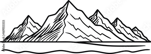 Serene mountain peaks reflected in calm water black and white outline graphic
