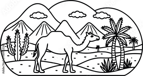 Desert oasis camel scene with mountains palm trees and cacti line art