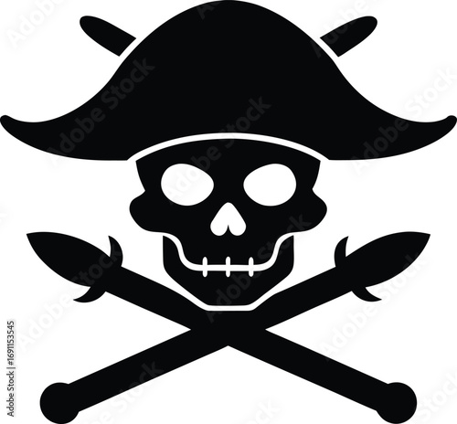 Pirate Skull with Crossed Swords and Hat Silhouette Vector Illustration. Pirate Symbol Vector: Skull and Crossed Swords with Pirate Hat Silhouette