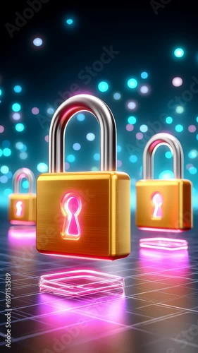 Colorful digital locks with glowing elements in a vibrant abstract setting representing security, protection, and technology in a modern environment