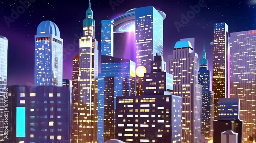 Futuristic Cityscape with Flying Saucers and Beam Lights over Skyscrapers under Starry Night Sky