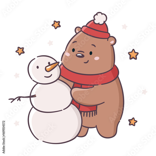 Vector illustration in a simple kawaii style on a white background. Cute bear cubs build a snowman wearing a winter hat. . Vector illustration