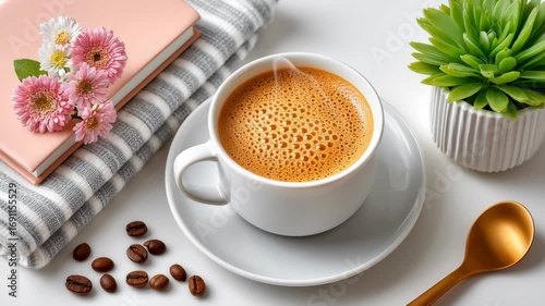 Warm and Inviting Coffee Scene with Flowers, Soft Blanket, and Decorative Elements for Comfort and Relaxation